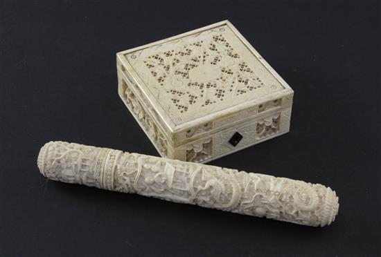 A Chinese bodkin case and a similar square pierced box